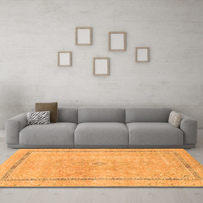 Machine Washable Abstract Orange Modern Area Rugs in a Living Room, wshabs2153org