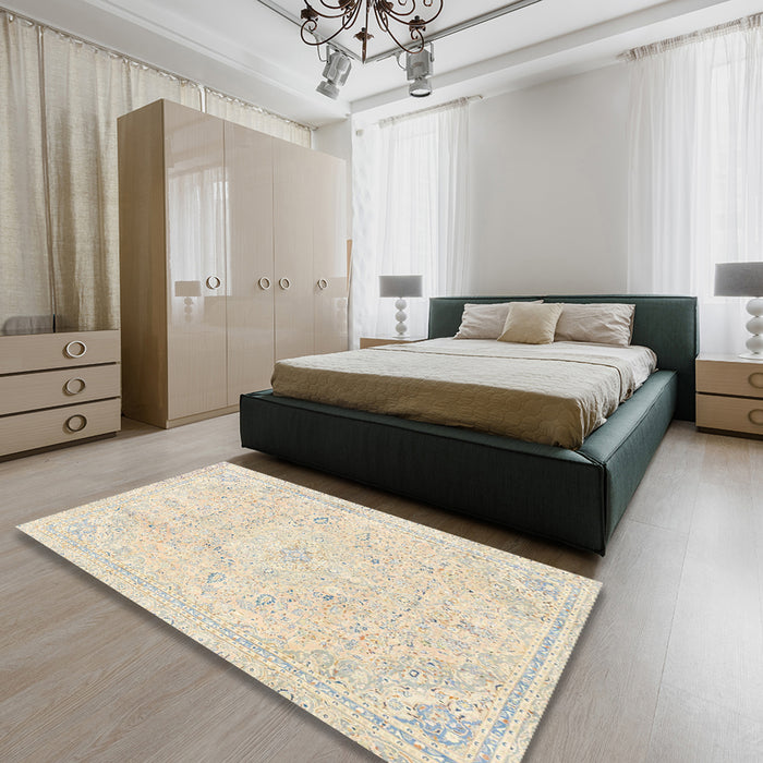 Machine Washable Abstract Tan Brown Rug in a Bedroom, wshabs2155