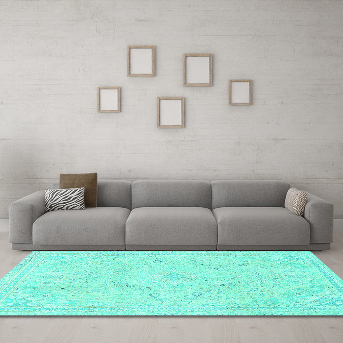 Machine Washable Abstract Turquoise Modern Area Rugs in a Living Room,, wshabs2155turq