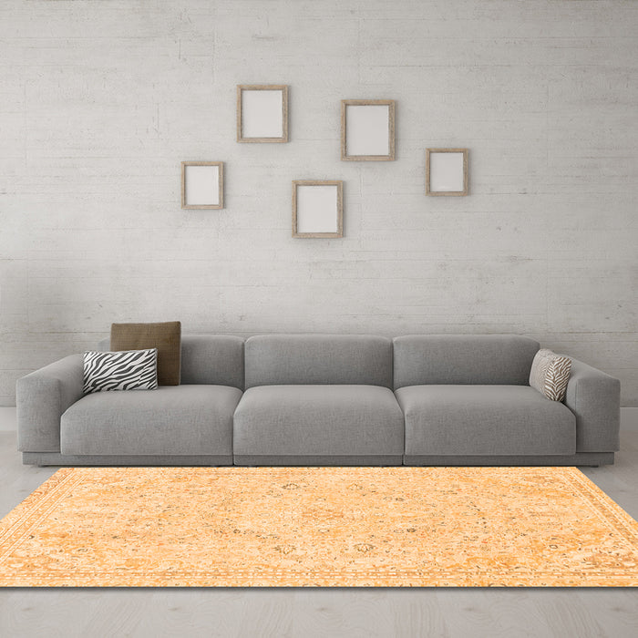 Machine Washable Abstract Orange Modern Area Rugs in a Living Room, wshabs2155org