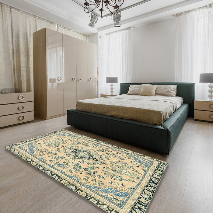 Abstract Brown Gold Modern Rug in a Bedroom, abs2157