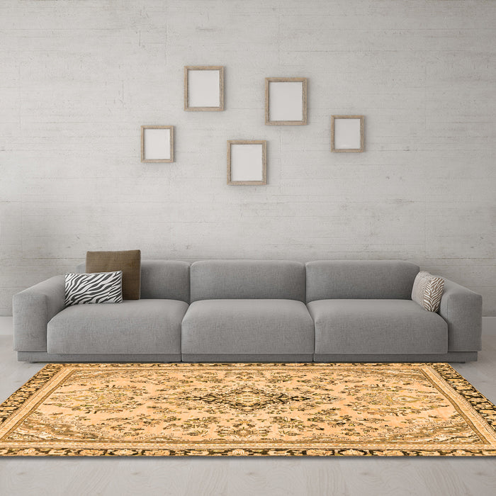 Machine Washable Abstract Orange Modern Area Rugs in a Living Room, wshabs2157org