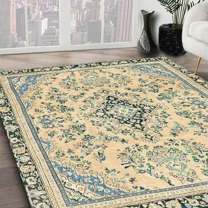 Abstract Brown Gold Modern Rug in Family Room, abs2157