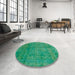 Round Machine Washable Abstract Jade Green Rug in a Office, wshabs2159