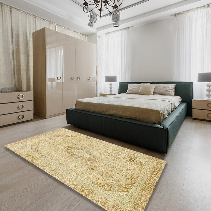 Abstract Brown Gold Modern Rug in a Bedroom, abs2161