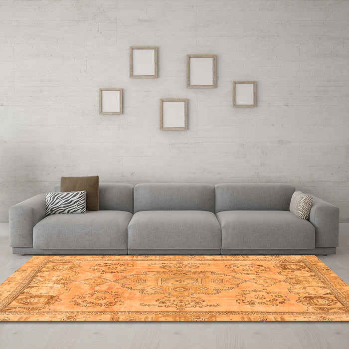 Machine Washable Abstract Orange Modern Area Rugs in a Living Room, wshabs2167org