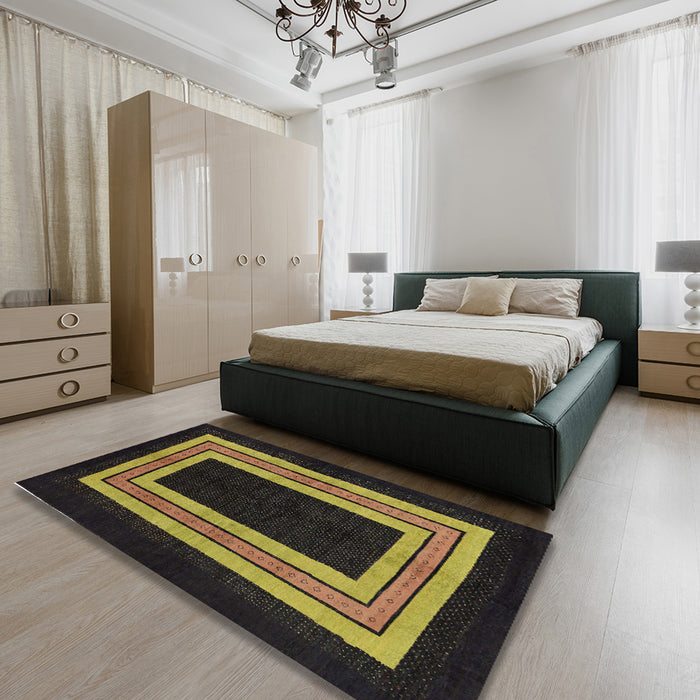 Abstract Dark Brown Modern Rug in a Bedroom, abs216