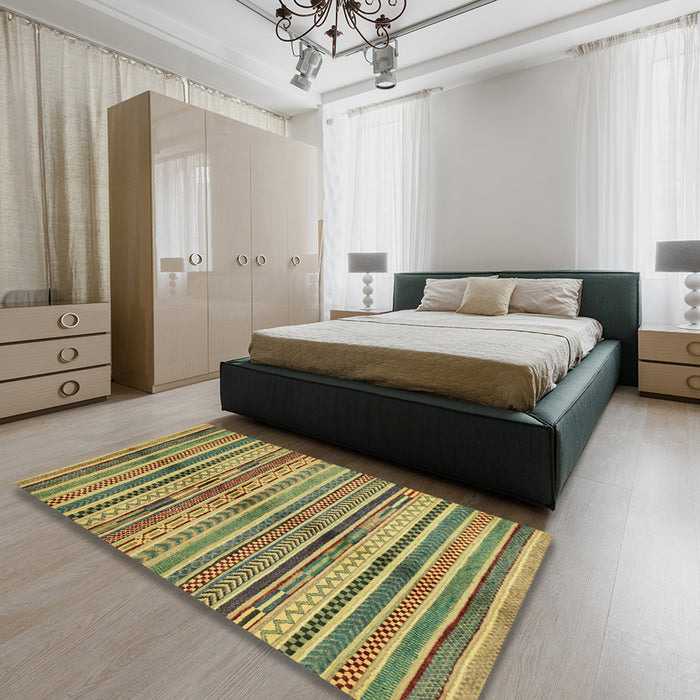 Abstract Metallic Gold Southwestern Rug in a Bedroom, abs2178