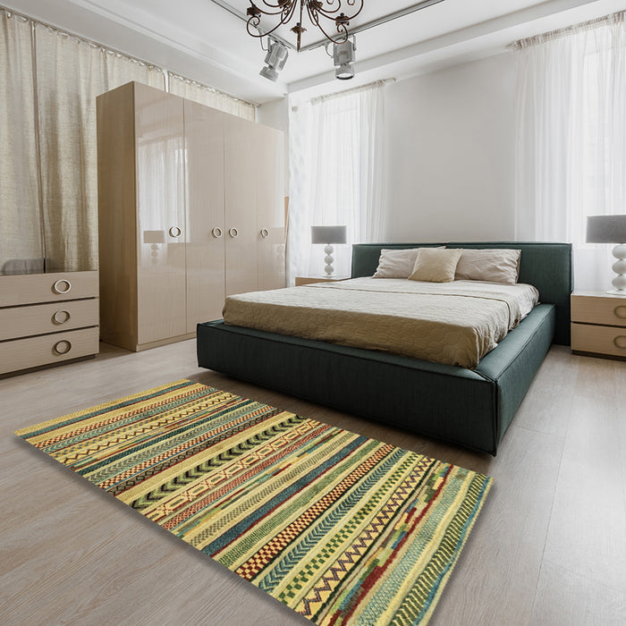 Machine Washable Abstract Metallic Gold Rug in a Bedroom, wshabs2179