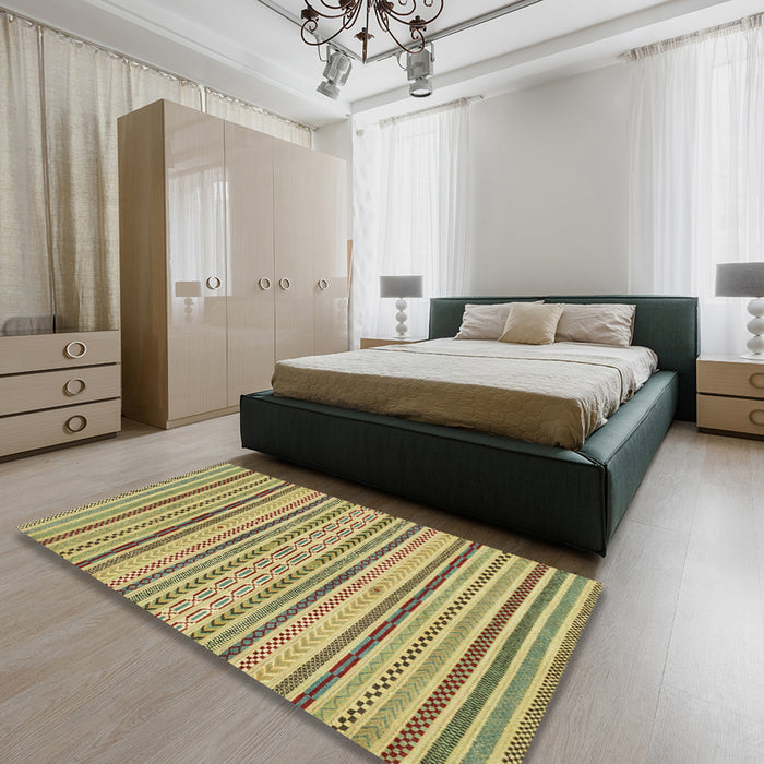 Machine Washable Abstract Metallic Gold Rug in a Bedroom, wshabs2185