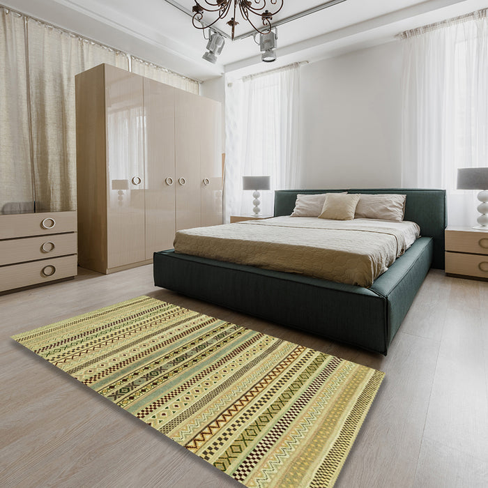 Machine Washable Abstract Metallic Gold Rug in a Bedroom, wshabs2189