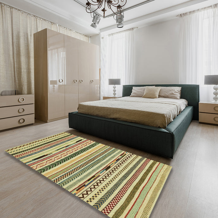 Machine Washable Abstract Ginger Brown Green Rug in a Bedroom, wshabs2193