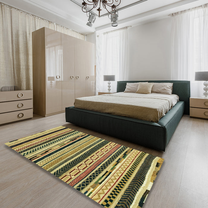 Machine Washable Abstract Metallic Gold Rug in a Bedroom, wshabs2195