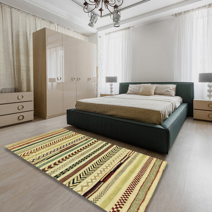 Abstract Mustard Yellow Modern Rug in a Bedroom, abs2196