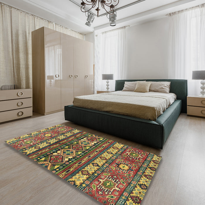 Machine Washable Abstract Brass Green Rug in a Bedroom, wshabs2197