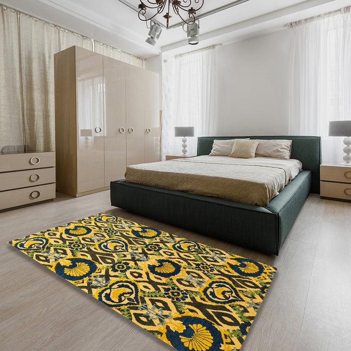 Abstract Golden Brown Yellow Modern Rug in a Bedroom, abs2199