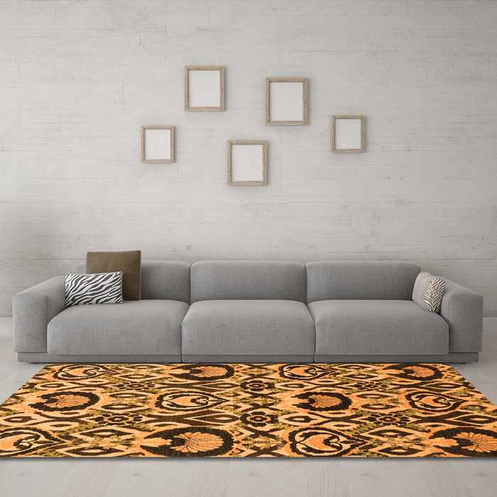 Machine Washable Abstract Orange Modern Area Rugs in a Living Room, wshabs2199org