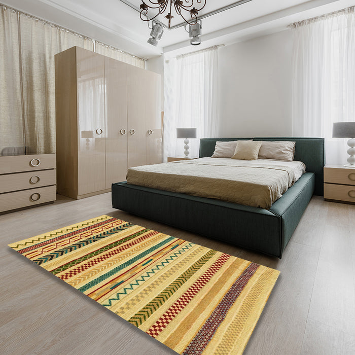 Machine Washable Abstract Saffron Yellow Rug in a Bedroom, wshabs2240
