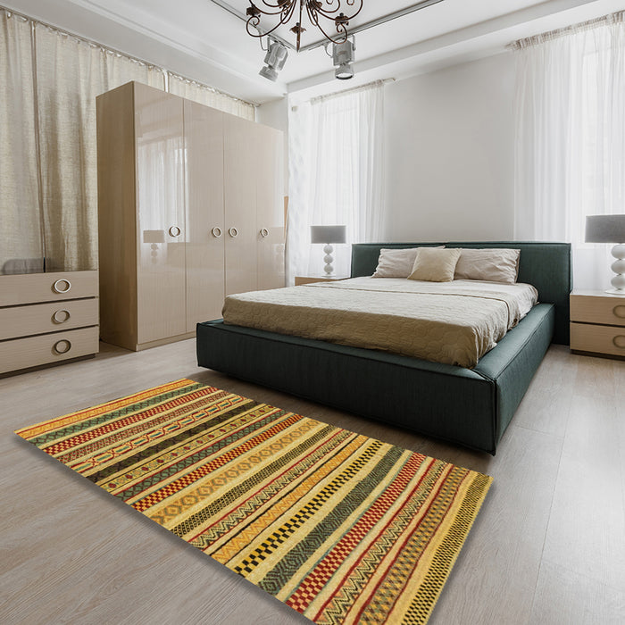 Abstract Yellow Oriental Rug in a Bedroom, abs2246