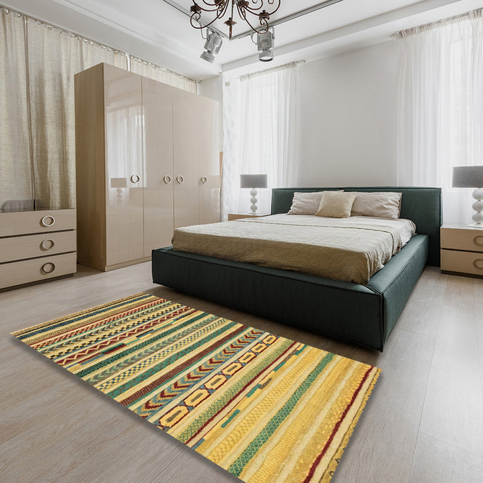 Abstract Golden Brown Yellow Oriental Rug in a Bedroom, abs2250