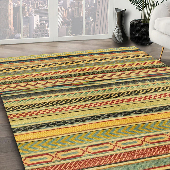 Abstract Golden Brown Yellow Oriental Rug in Family Room, abs2253