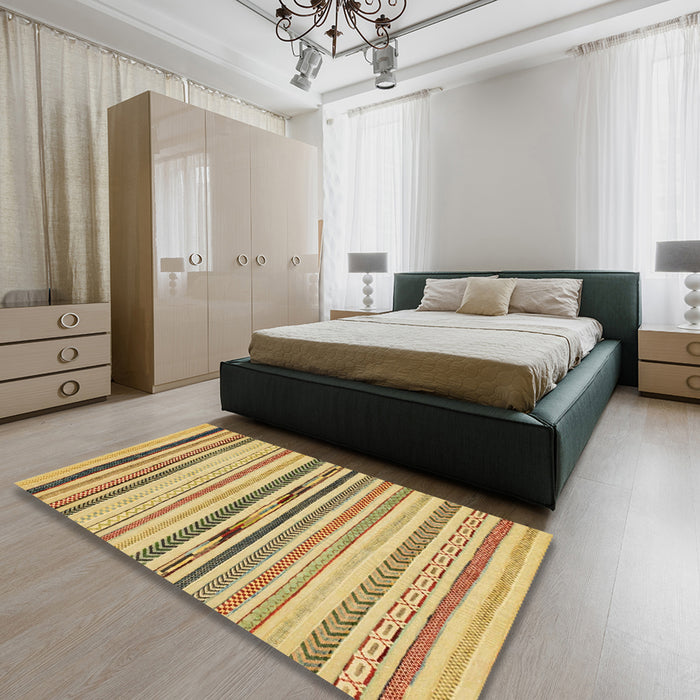 Machine Washable Abstract Chrome Gold Yellow Rug in a Bedroom, wshabs2274