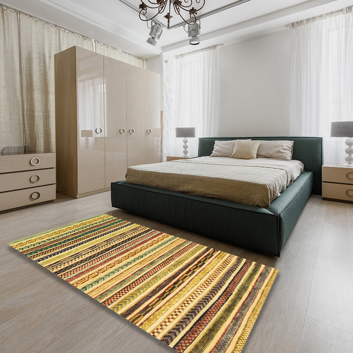 Abstract Golden Brown Yellow Modern Rug in a Bedroom, abs2298
