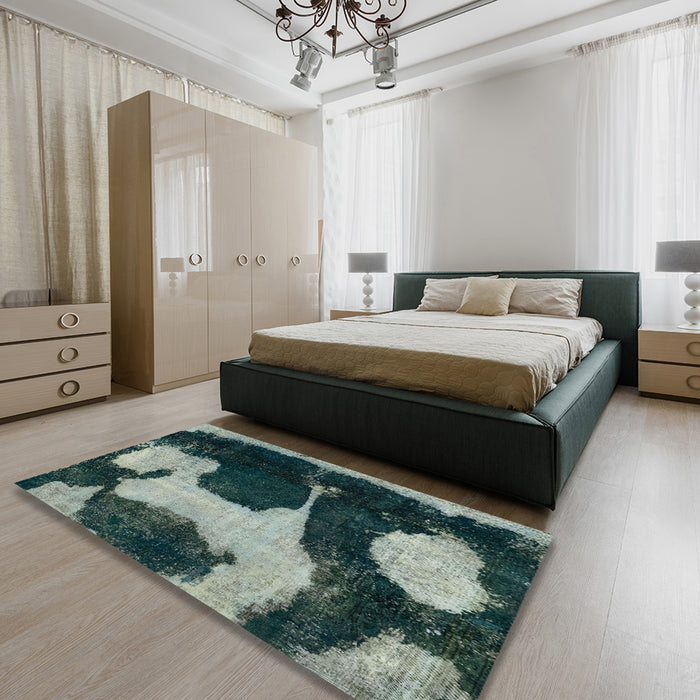 Machine Washable Abstract Dark Sea Green Rug in a Bedroom, wshabs2322
