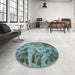 Round Machine Washable Abstract Macaw Blue Green Rug in a Office, wshabs2325