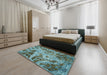 Machine Washable Abstract Macaw Blue Green Rug in a Bedroom, wshabs2325