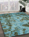 Machine Washable Abstract Macaw Blue Green Rug in a Family Room, wshabs2325
