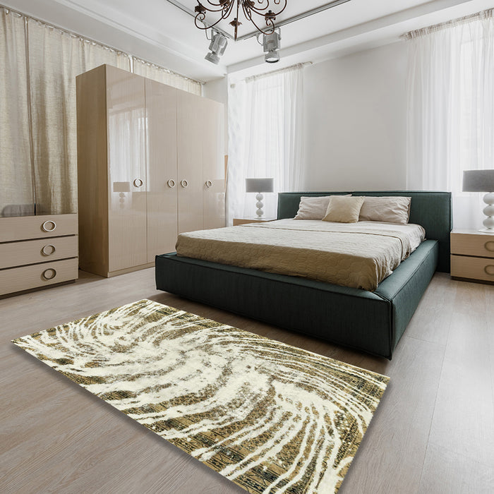 Machine Washable Abstract Tan Brown Gold Rug in a Bedroom, wshabs2326