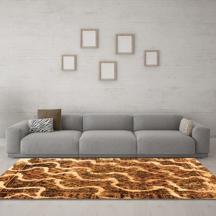 Machine Washable Abstract Orange Modern Area Rugs in a Living Room, wshabs2329org