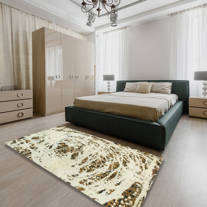 Abstract Pale Gold Modern Rug in a Bedroom, abs2330