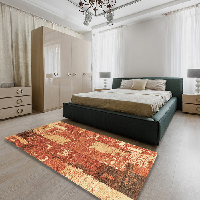 Abstract Orange Patchwork Rug in a Bedroom, abs2335