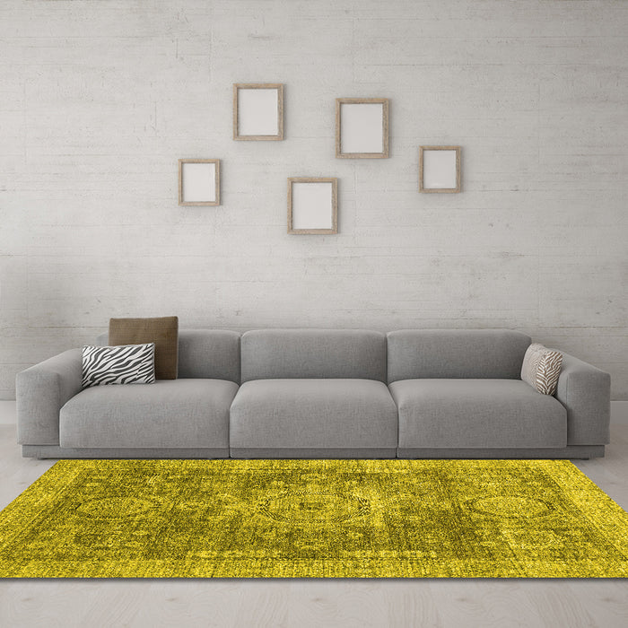 Machine Washable Abstract Yellow Modern Rug in a Living Room, wshabs2338yw