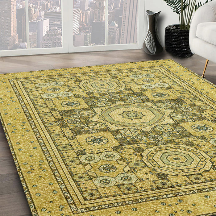 Abstract Golden Brown Yellow Modern Rug in Family Room, abs2339