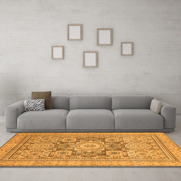 Machine Washable Abstract Orange Modern Area Rugs in a Living Room, wshabs2339org