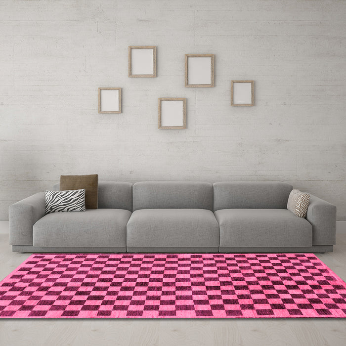 Machine Washable Checkered Pink Modern Rug in a Living Room, wshabs233pnk