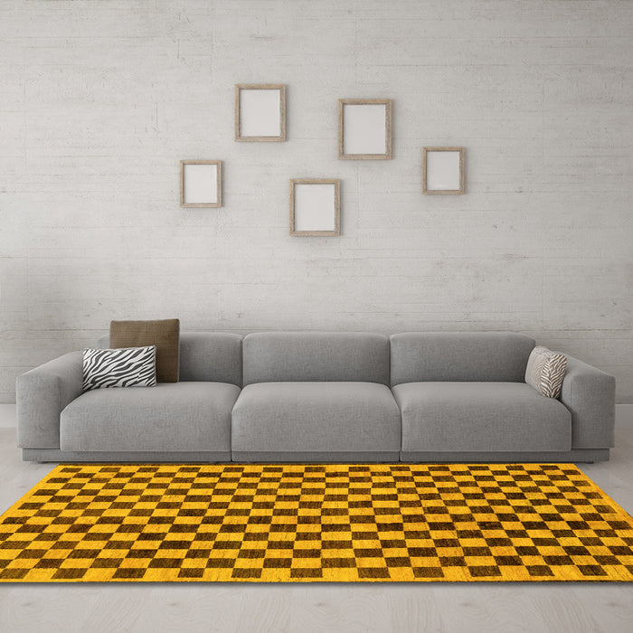 Machine Washable Checkered Yellow Modern Rug in a Living Room, wshabs233yw