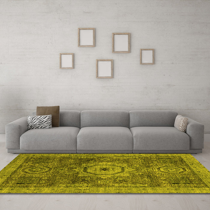 Machine Washable Abstract Yellow Modern Rug in a Living Room, wshabs2342yw