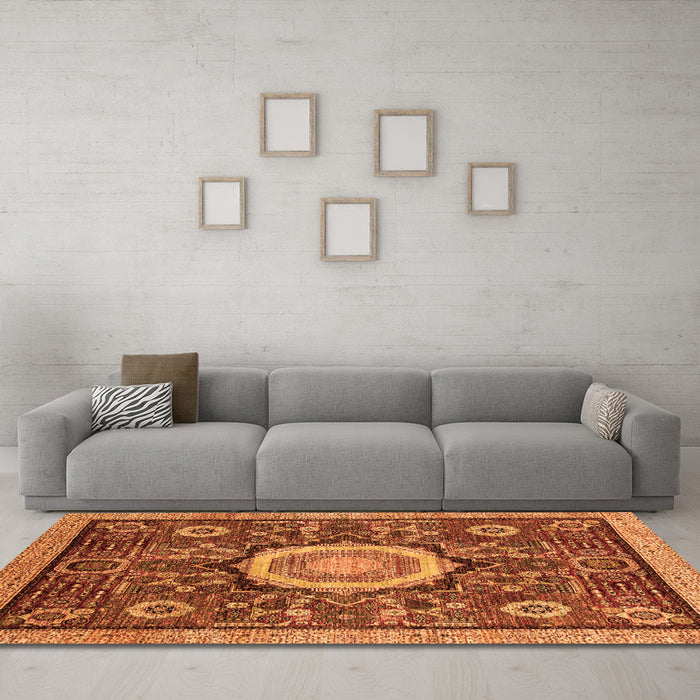 Machine Washable Abstract Orange Modern Area Rugs in a Living Room, wshabs2345org