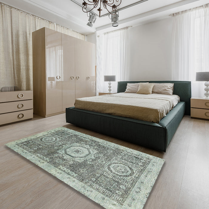 Machine Washable Abstract Hazel Green Rug in a Bedroom, wshabs2346