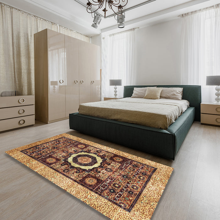 Machine Washable Abstract Saffron Red Rug in a Bedroom, wshabs2348