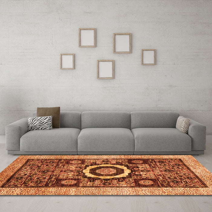 Machine Washable Abstract Orange Modern Area Rugs in a Living Room, wshabs2348org