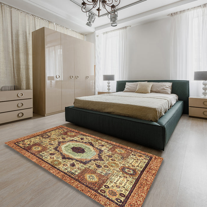 Machine Washable Abstract Metallic Gold Rug in a Bedroom, wshabs2349