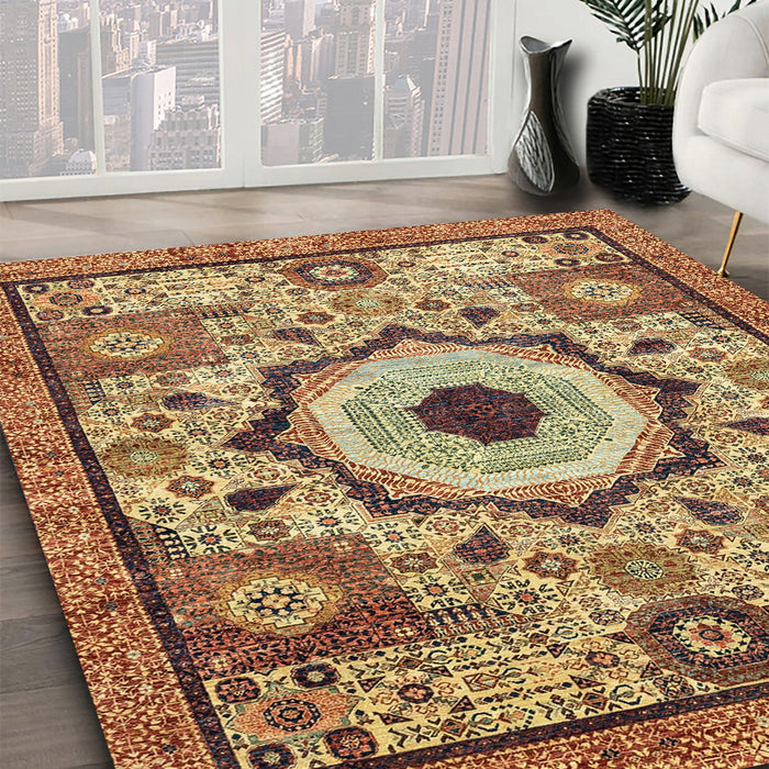 Abstract Metallic Gold Modern Rug in Family Room, abs2349