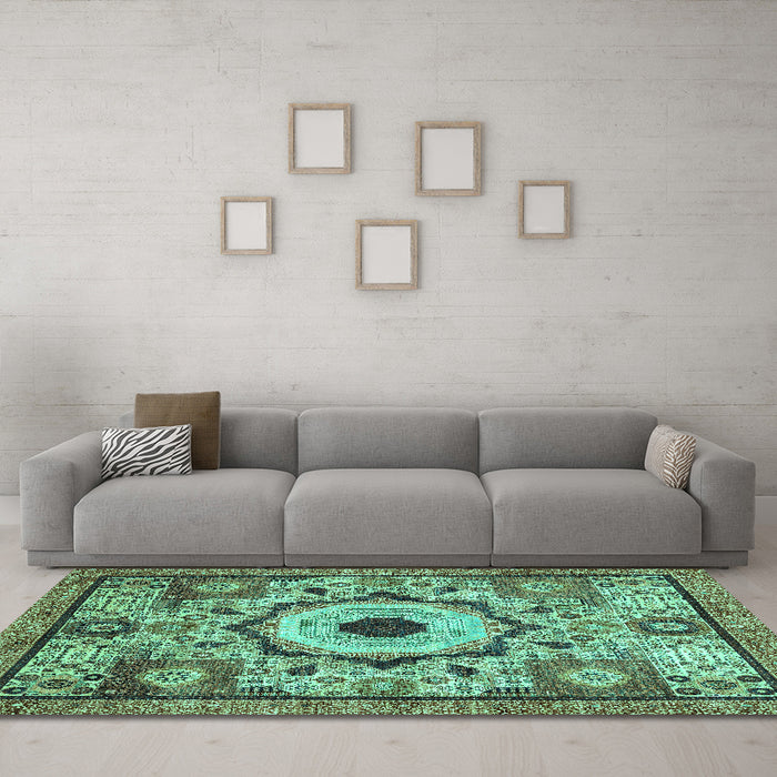 Machine Washable Abstract Turquoise Modern Area Rugs in a Living Room,, wshabs2349turq
