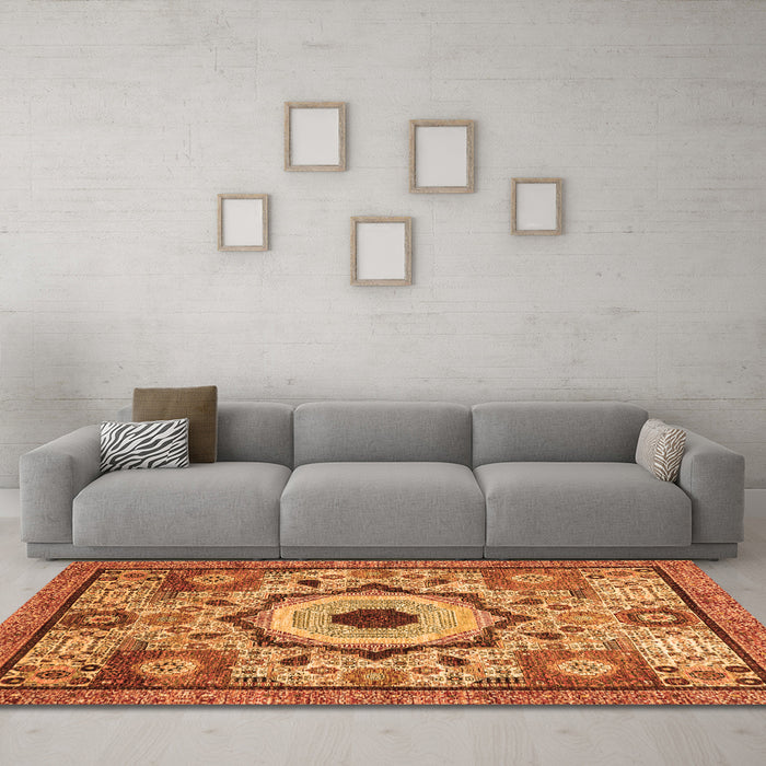 Machine Washable Abstract Orange Modern Area Rugs in a Living Room, wshabs2349org