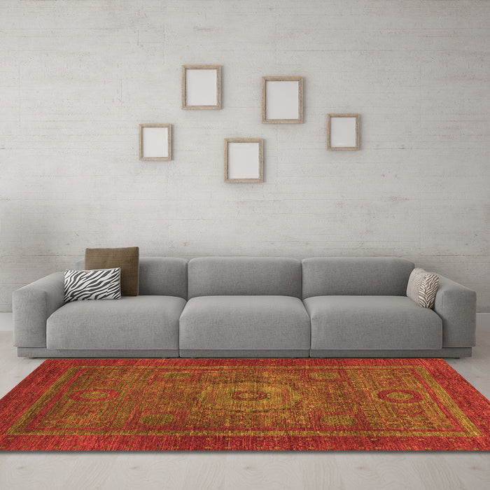 Machine Washable Abstract Orange Modern Area Rugs in a Living Room, wshabs2352org